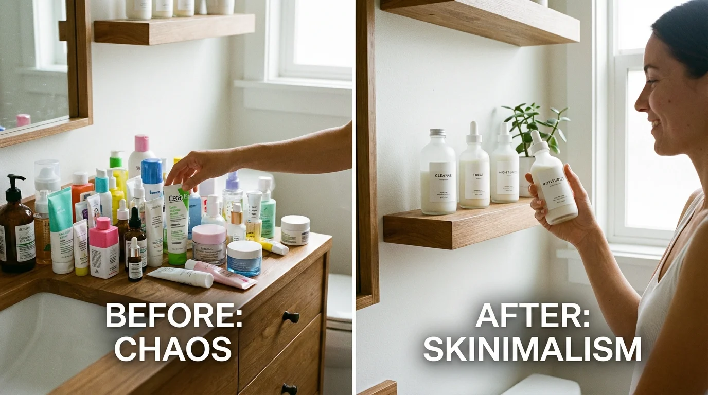 Transitioning from a cluttered skincare vanity to a minimalist routine.