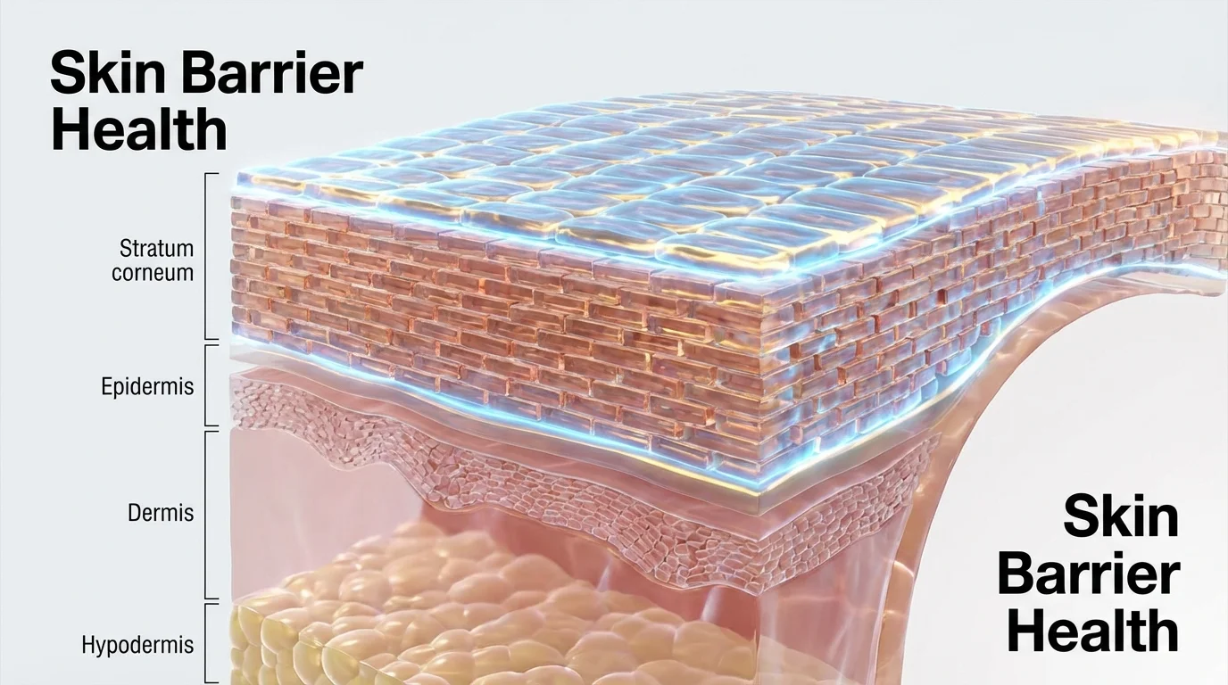 3D anatomical diagram of the human skin barrier layers.