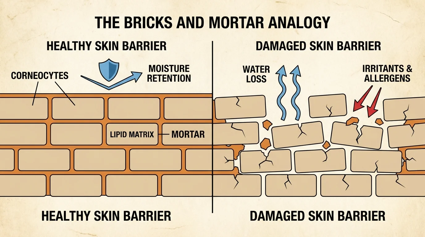 Comparison diagram of a healthy versus a damaged skin barrier.