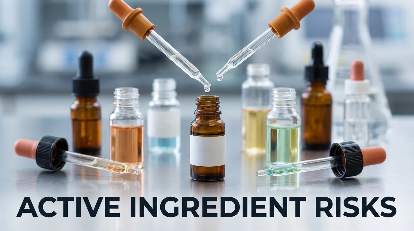 Close-up of skincare laboratory vials representing active ingredients.