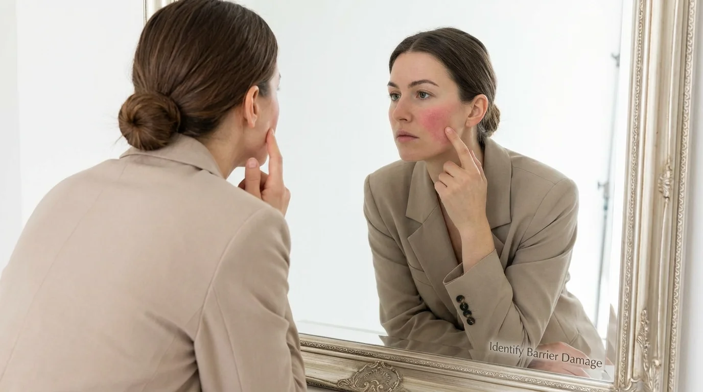 Woman examining red, irritated skin in a mirror representing barrier damage.