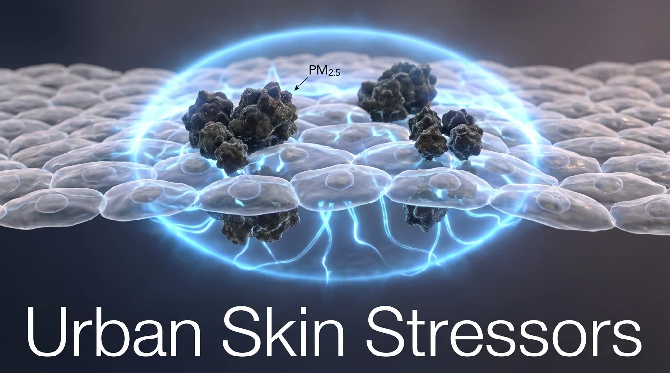 Microscopic view of pollution particles on skin cells.