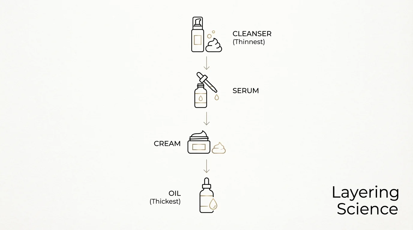 Diagram showing the order of skincare product application from thinnest to thickest.