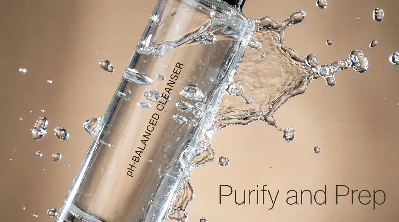 Close-up of water splashing and a gentle skin cleanser bottle.