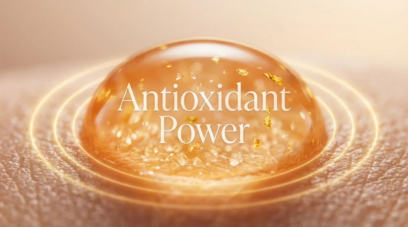 Golden serum droplet representing antioxidant protection and Vitamin C.