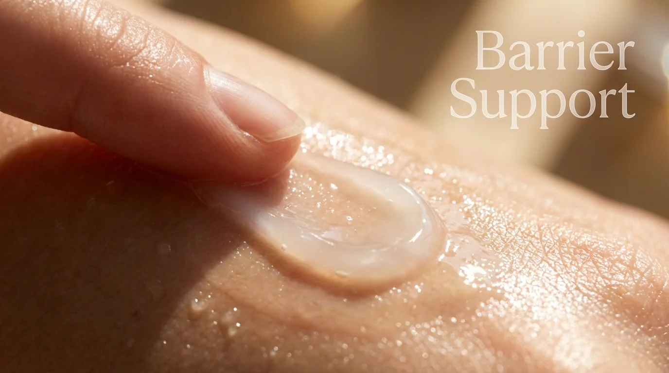 Lightweight moisturizer being applied to skin for hydration and barrier support.