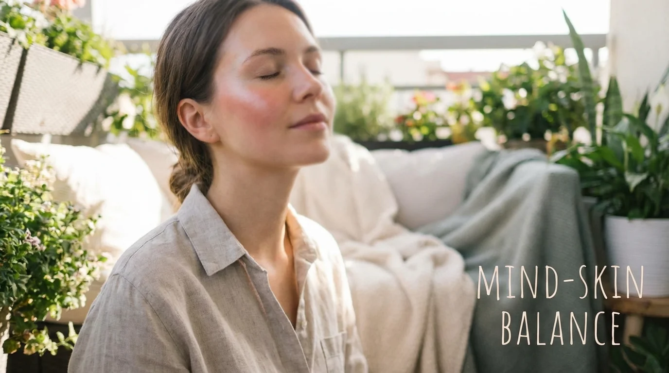 A woman practicing mindfulness and stress management for skin health.