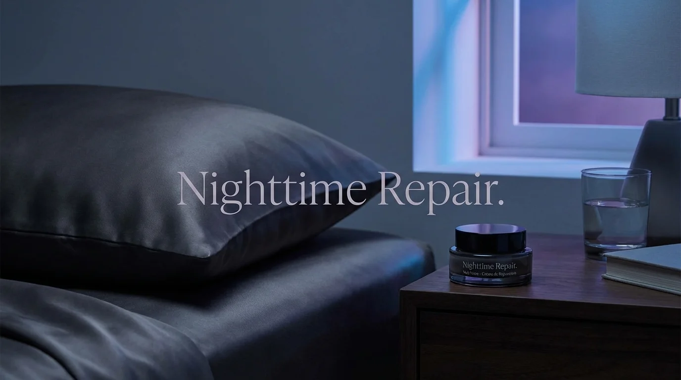 Nighttime skincare products on a bedside table next to a silk pillowcase.