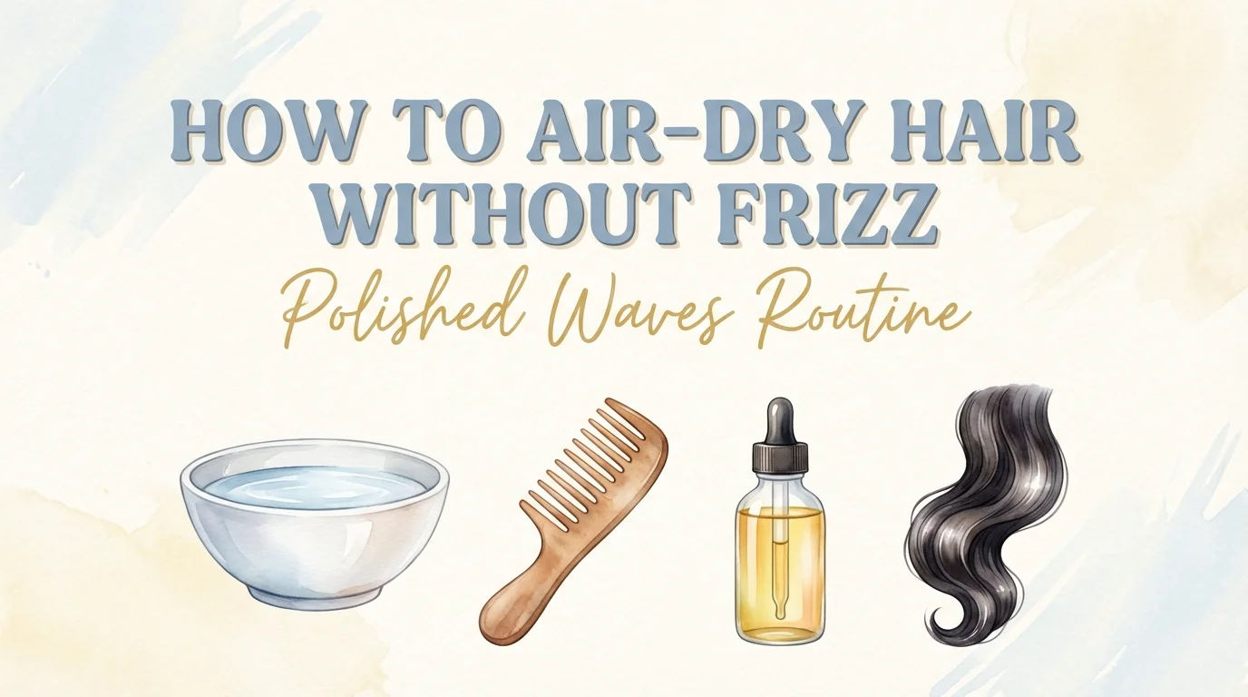 A woman with healthy, shiny, and frizz-free air-dried wavy hair showcasing a polished low-maintenance routine.