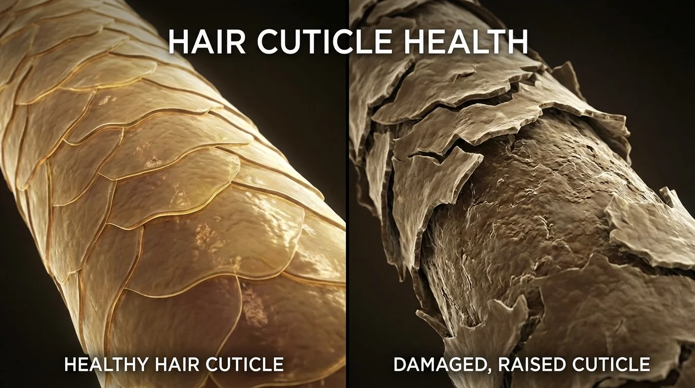 Microscopic comparison of a smooth hair cuticle versus a rough, frizzy one.