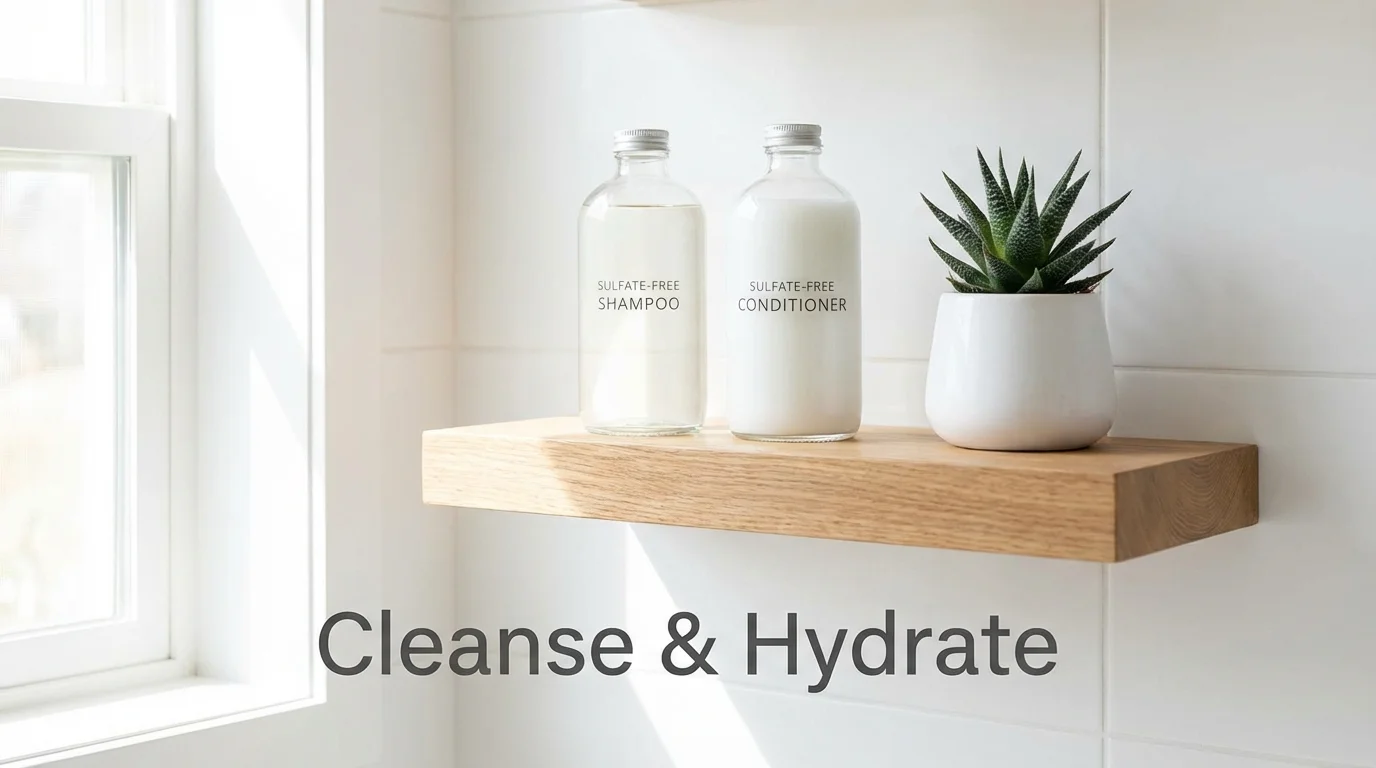 Professional sulfate-free hair care products on a white bathroom shelf.