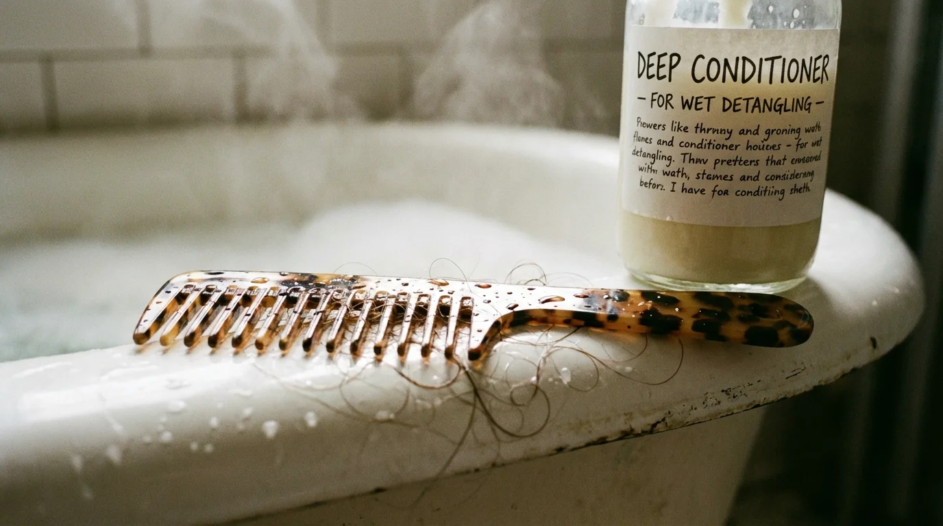 Wide-tooth comb and deep conditioner for detangling hair in the shower.