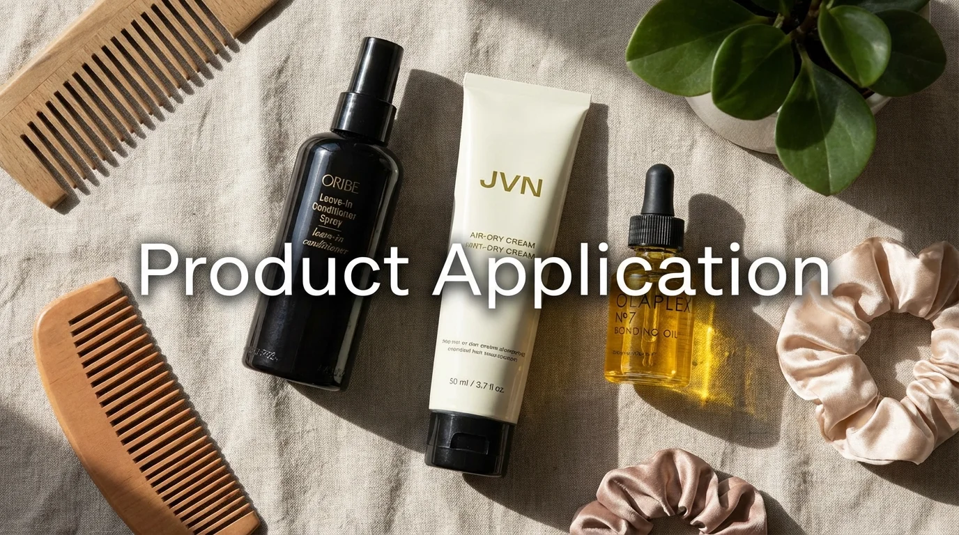 A flat-lay of air-dry cream, leave-in conditioner, and hair oil for frizz control.