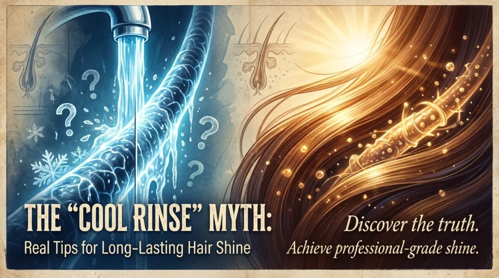 A close-up of water cascading over healthy, glossy hair, illustrating the debate between hot and cold water for hair cuticle health and shine.