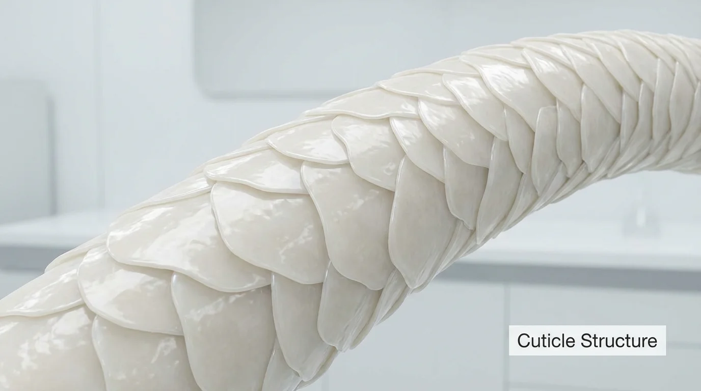 Detailed 3D illustration of the overlapping scales of a hair cuticle.