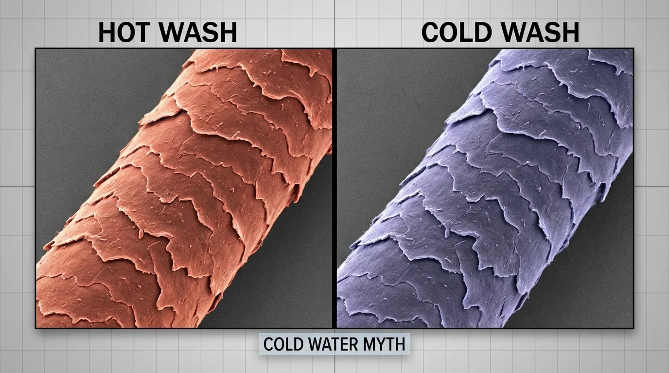 Microscopic comparison of hair cuticles showing no change between different water temperatures.