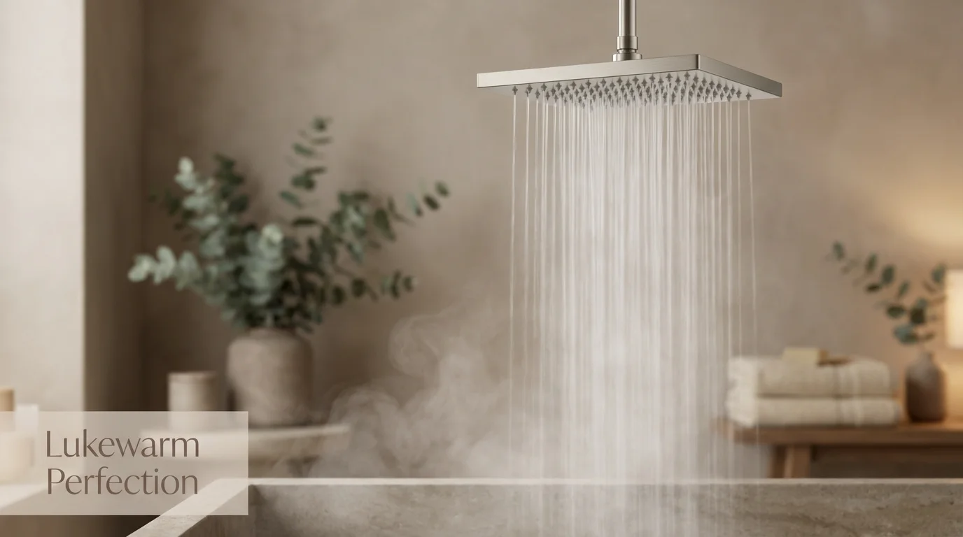 Gentle stream of water from a showerhead illustrating the ideal lukewarm temperature for hair washing.