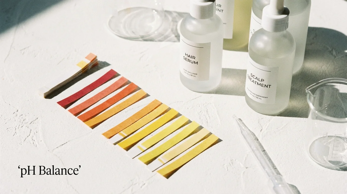 pH testing strips and professional hair products representing the importance of chemical balance.