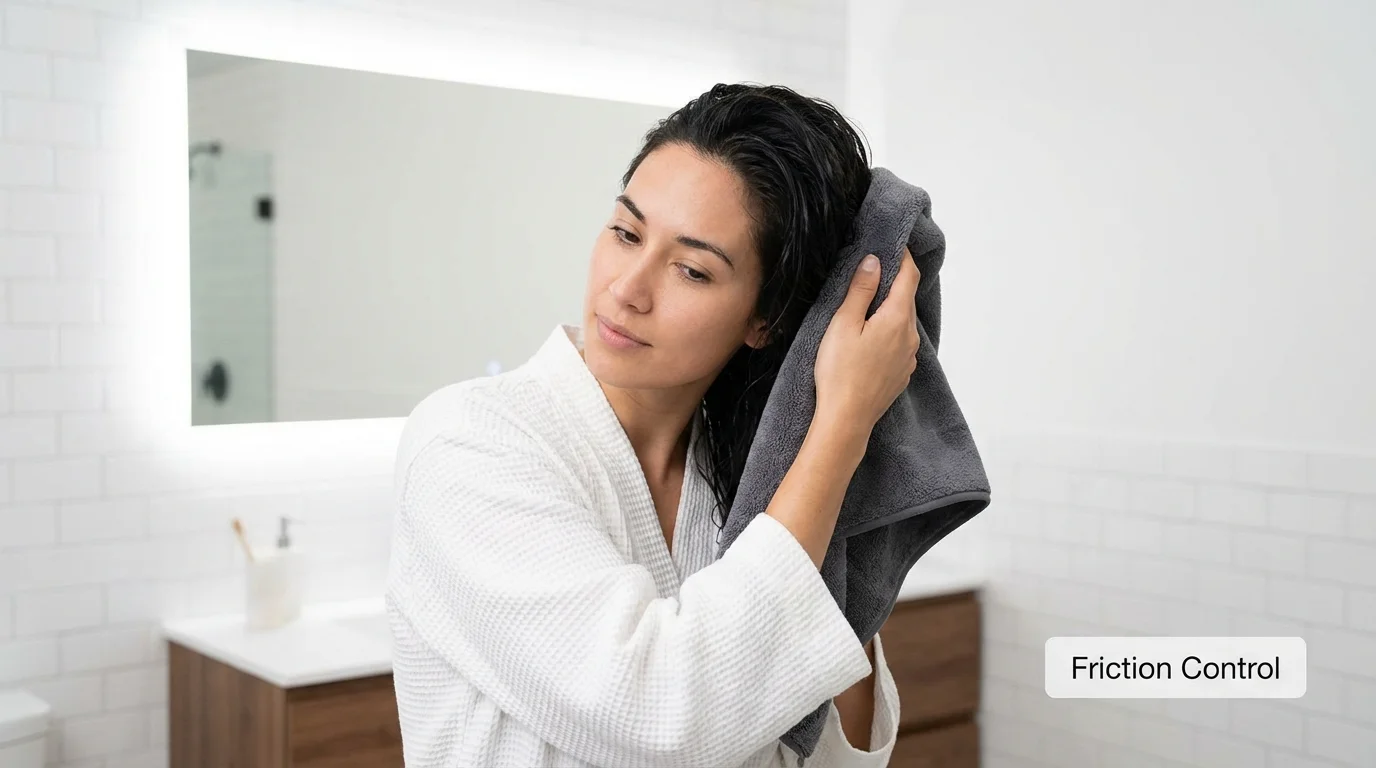 Gentle hair drying technique using a microfiber towel to prevent cuticle damage.