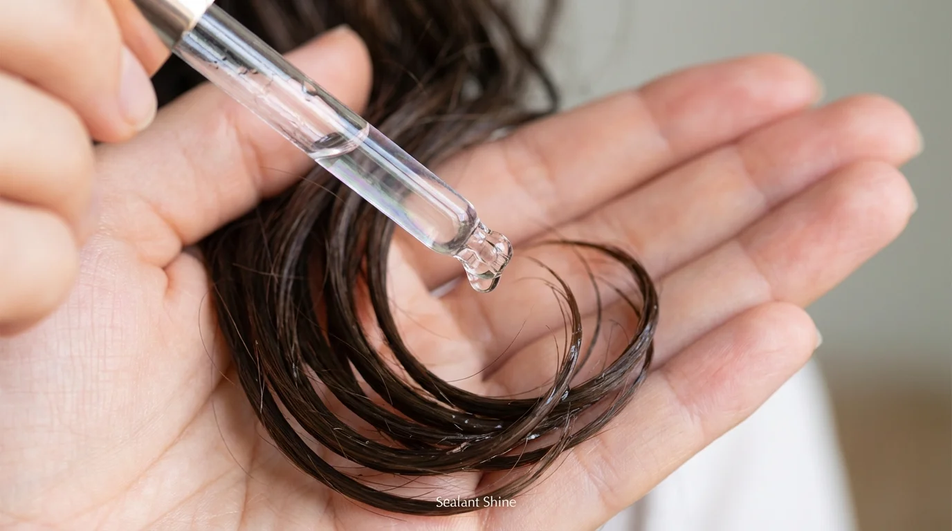 Close-up application of hair oil to damp hair to lock in moisture and enhance shine.