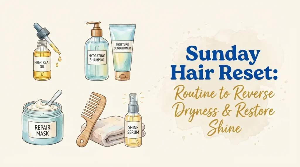 A serene setting showing a person applying a restorative hair treatment mask as part of a Sunday hair reset routine to combat dryness and enhance shine.