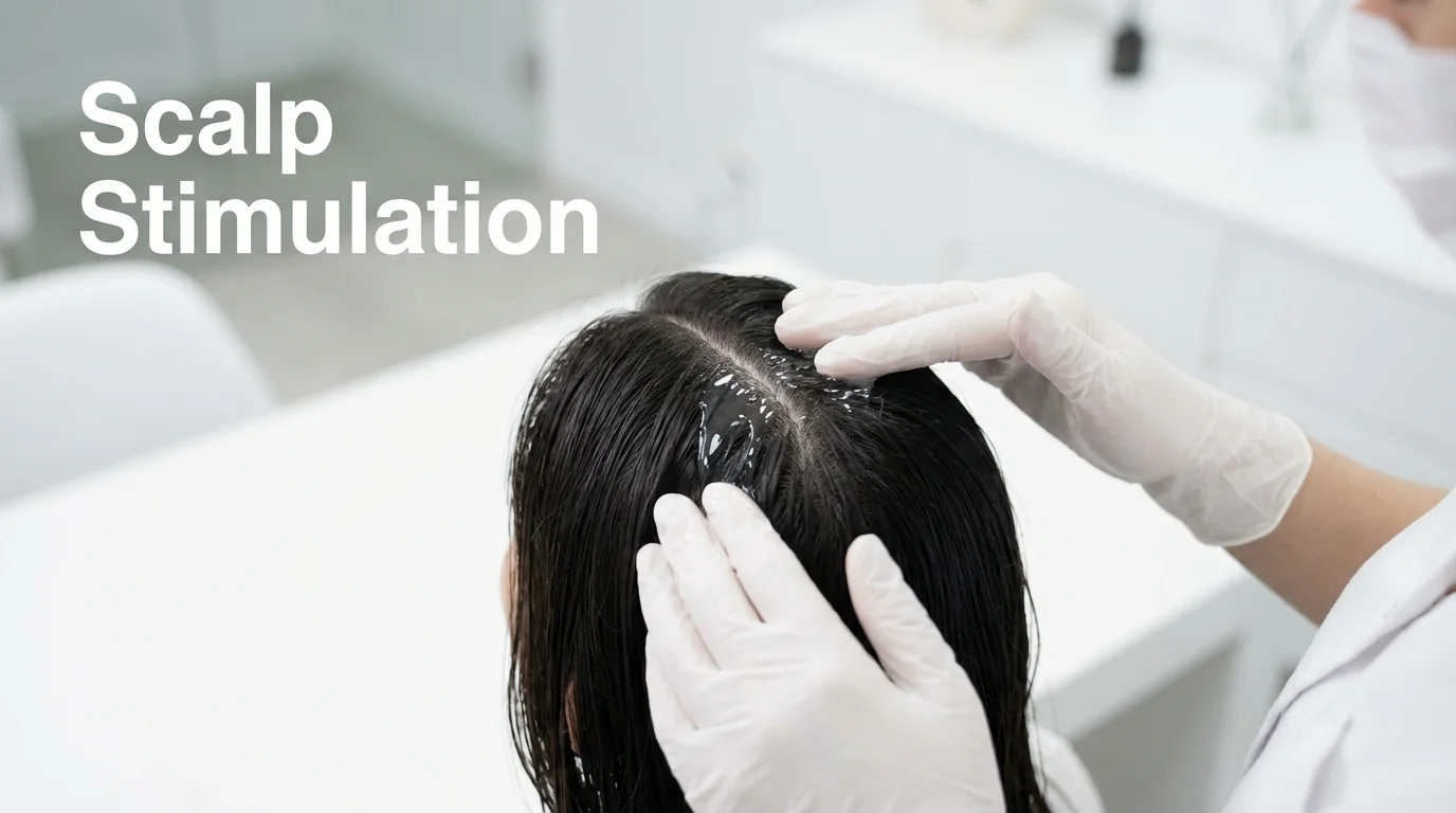A person performing a scalp massage with hair oil during a pre-wash treatment.