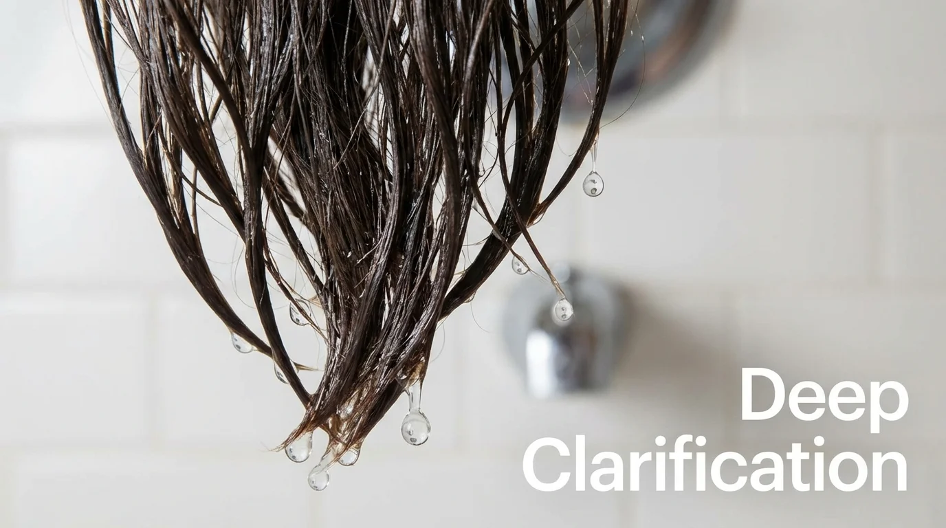 Water rinsing through hair, representing the deep clarifying stage of a hair reset.