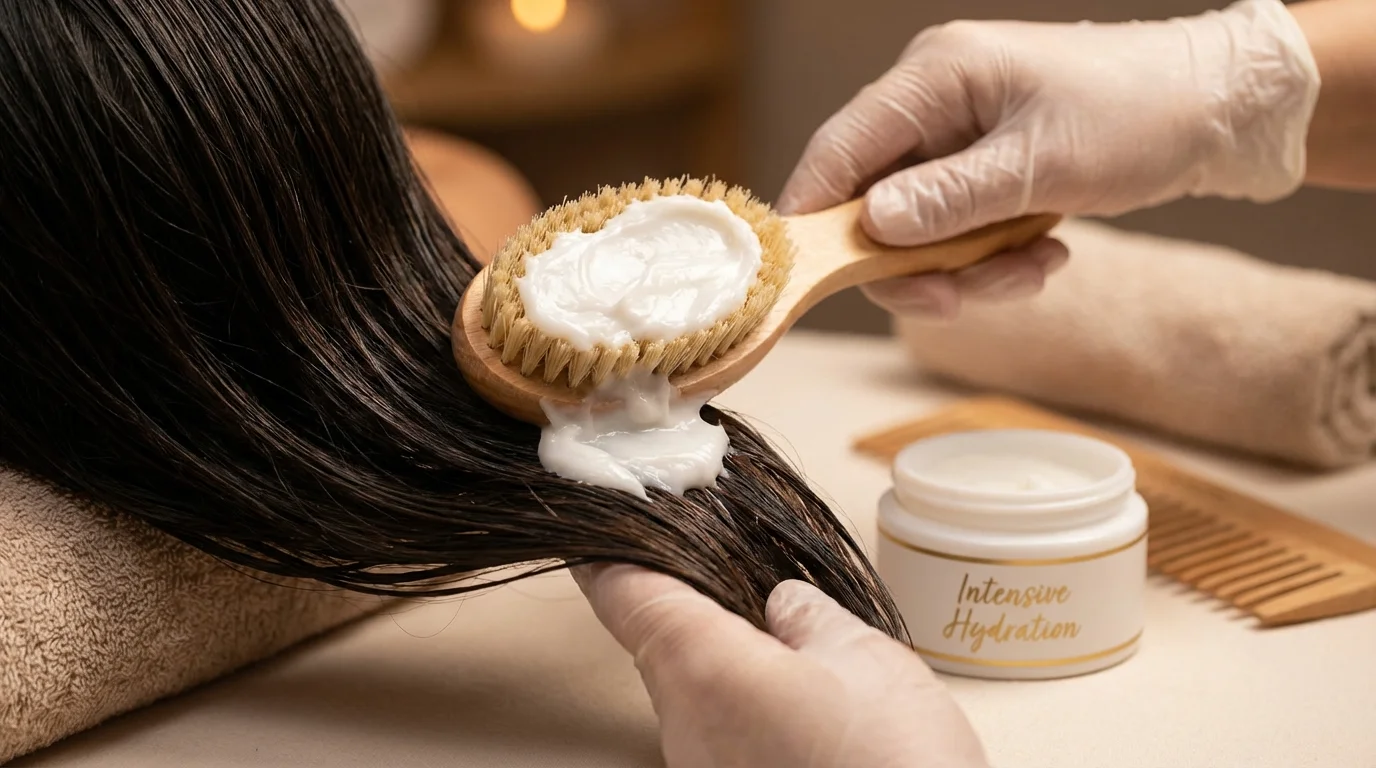 Applying a thick, professional hair mask to hair sections for deep conditioning.