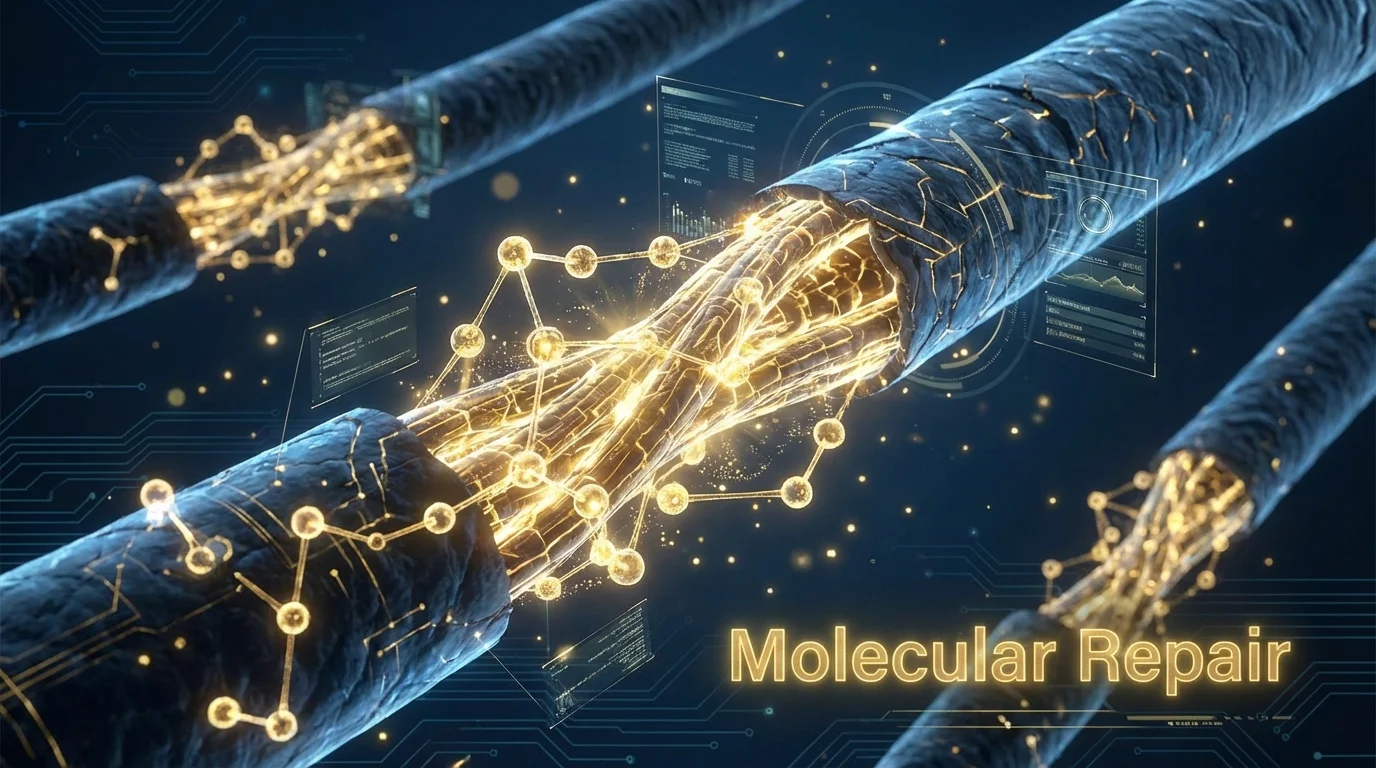 A scientific visualization of hair bond repair and structural restoration.