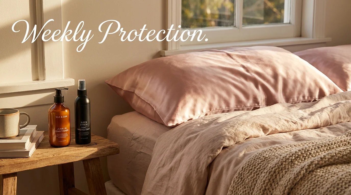 Silk pillowcase and leave-in hair protectants for maintaining hair health.
