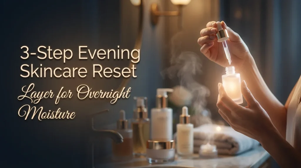 A collection of premium skincare products arranged on a vanity for a 3-step evening reset routine to lock in moisture overnight.
