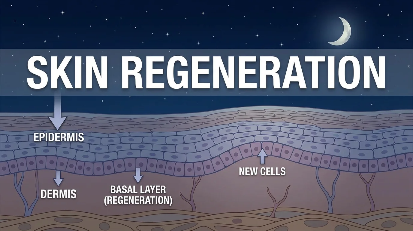 Illustration of skin layers undergoing cellular repair during nighttime hours.