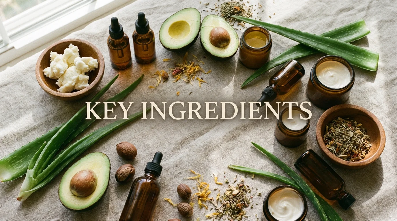 Flat lay of natural skincare ingredients and product bottles.