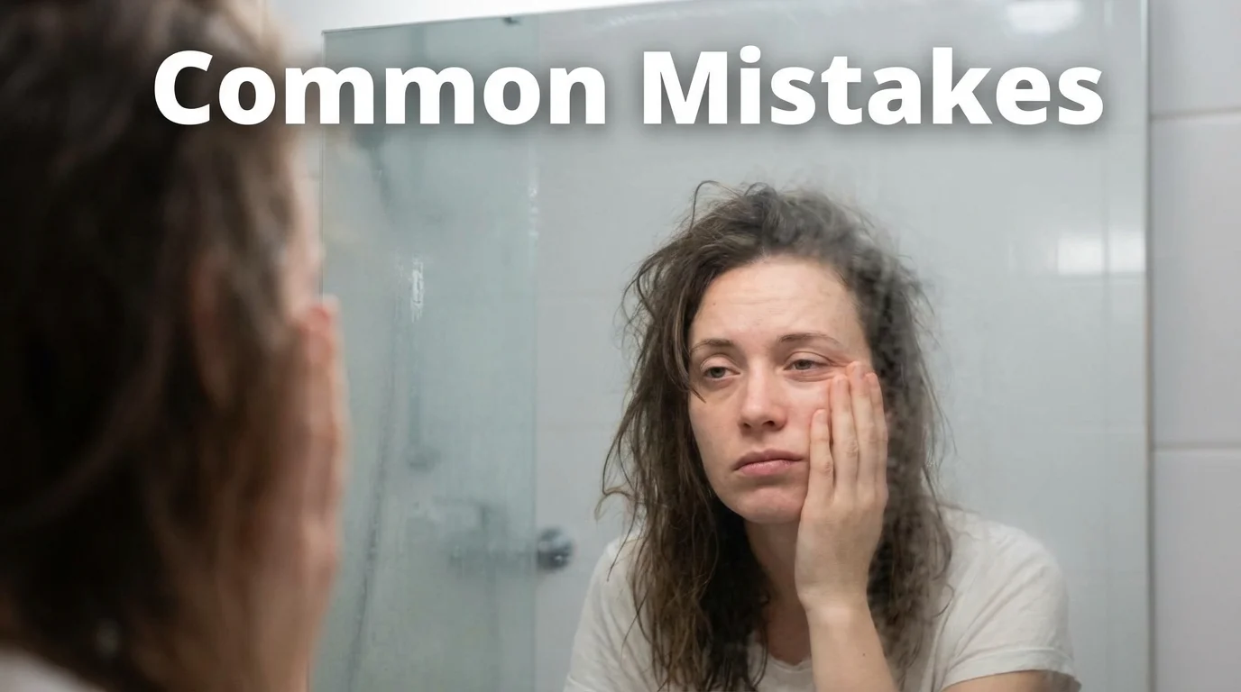 A person examining their skin in a mirror, representing common skincare errors.