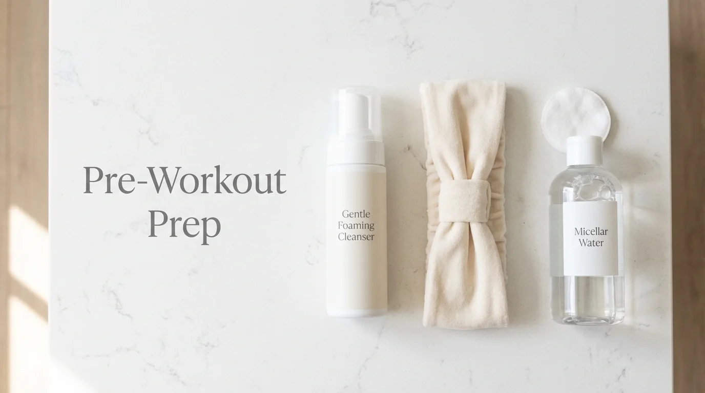Essential skincare products for pre-workout preparation on a clean surface.