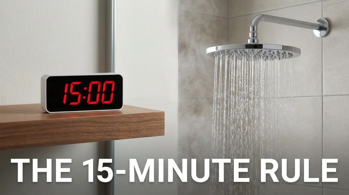 Digital timer emphasizing the importance of quick post-workout showering to prevent acne.