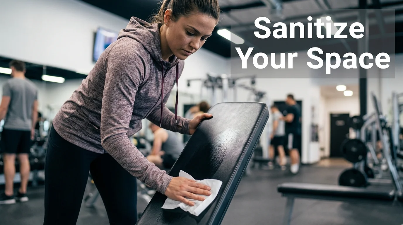 Person disinfecting gym equipment with a wipe before use.