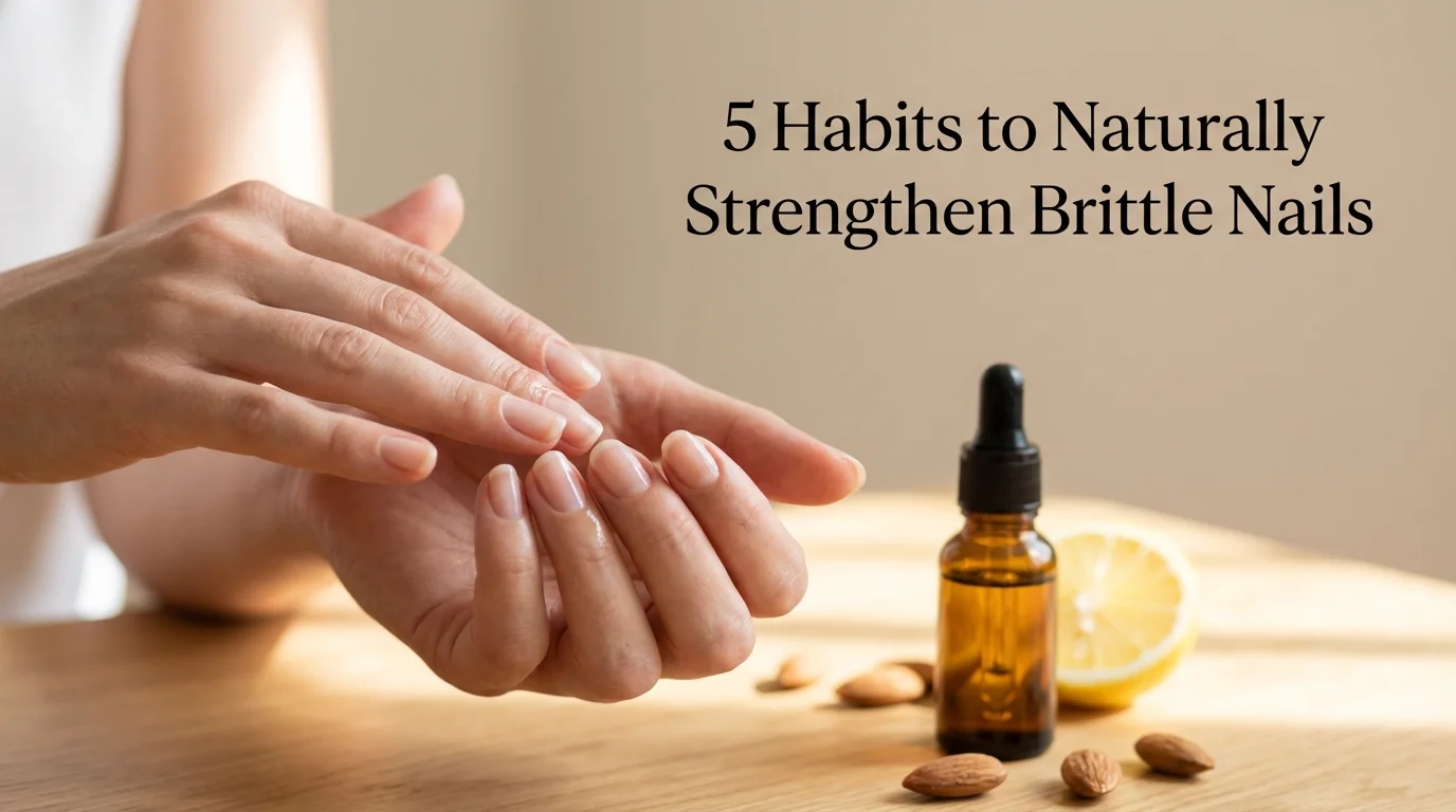 Close-up of healthy natural fingernails being treated with nourishing oil to demonstrate daily habits for strengthening brittle nails.