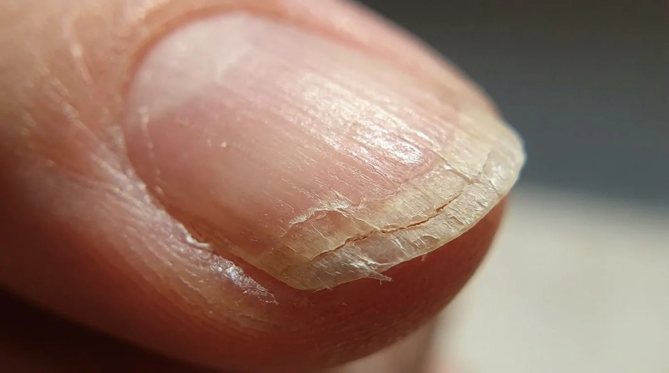 Close-up of a brittle, peeling fingernail showing signs of onychoschizia.