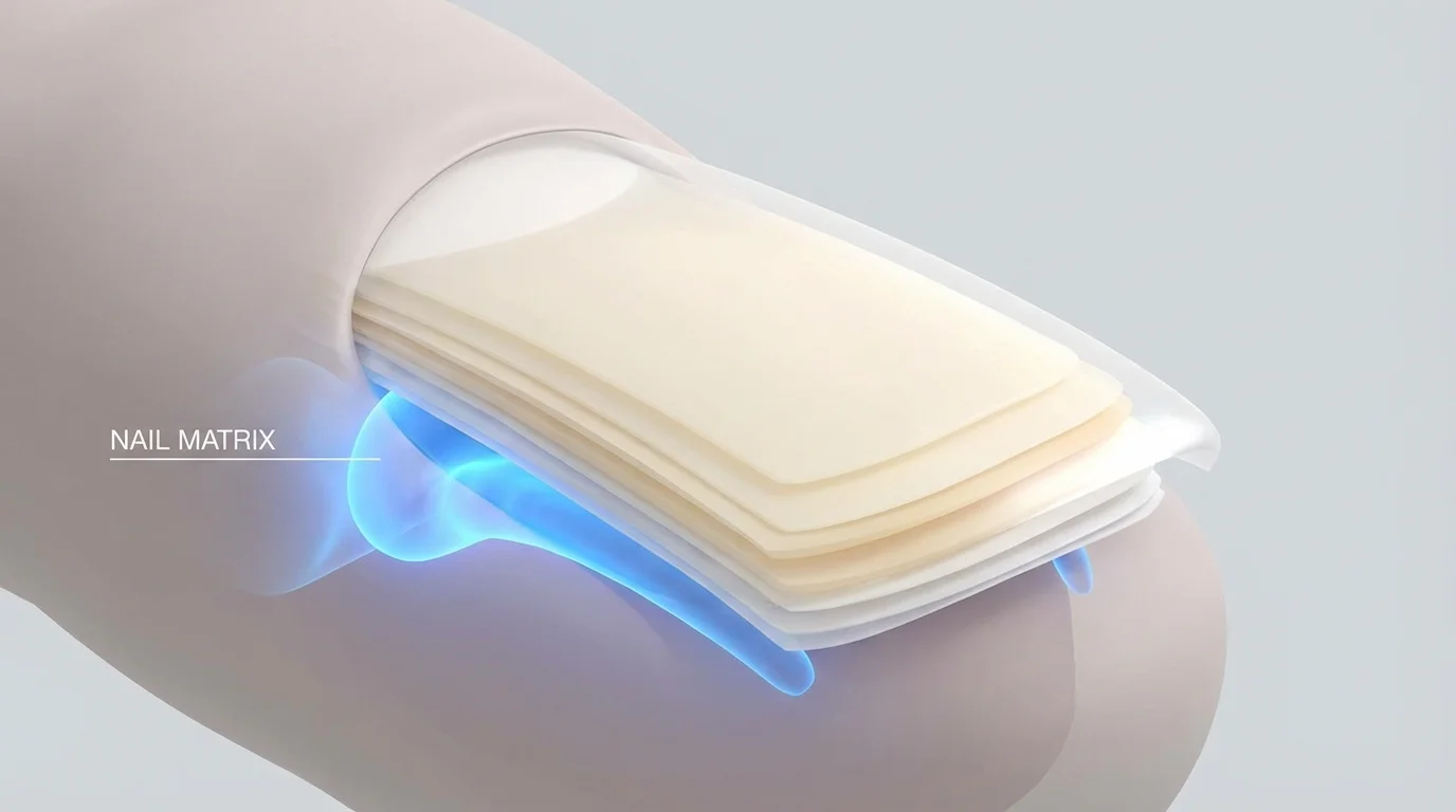 Diagram showing the anatomical structure of the nail plate and keratin layers.