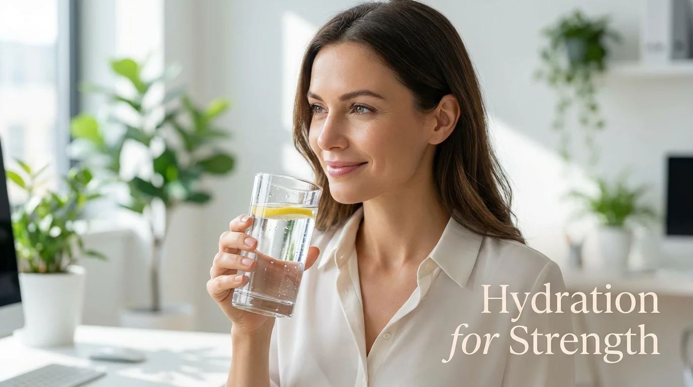 A person holding a glass of water to represent internal hydration for nail health.