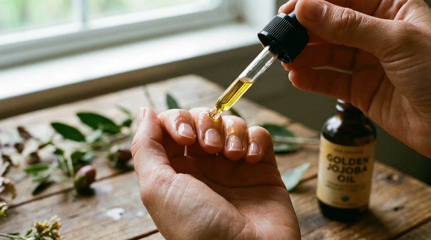 Applying natural cuticle oil to fingernails for external moisture.
