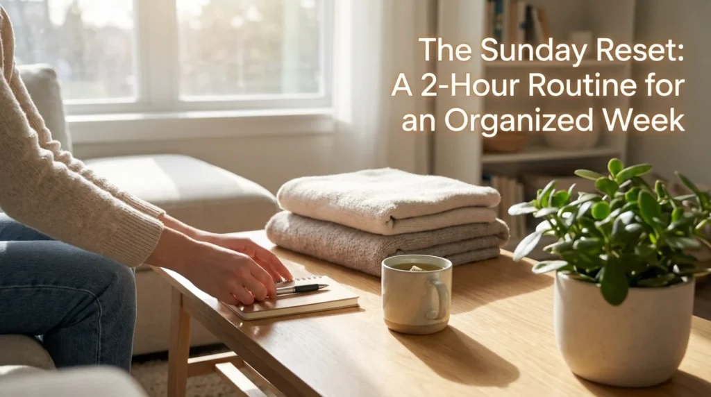 An organized desk with a physical planner, a cup of coffee, and a laptop, representing a calm and productive Sunday reset routine.