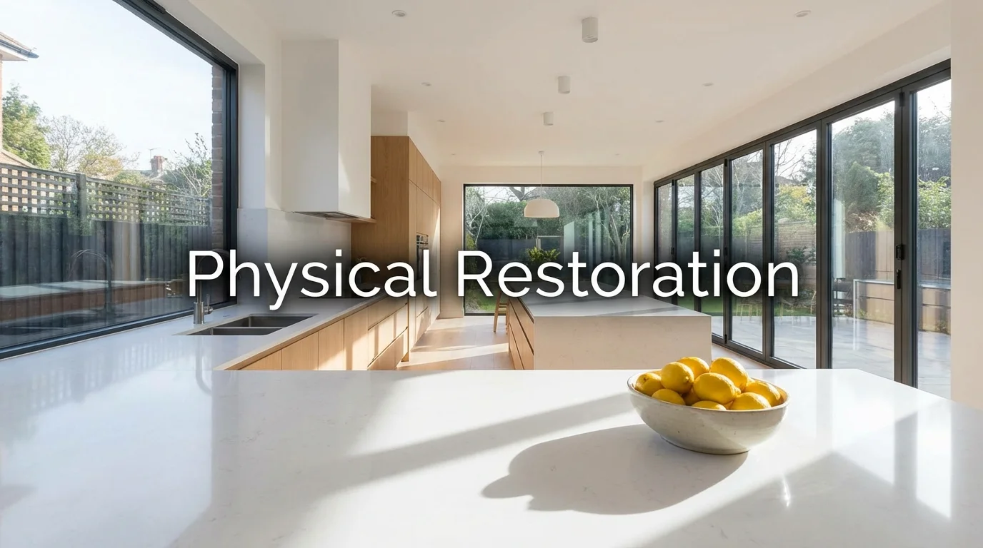 A clean, decluttered kitchen representing the physical restoration phase of a Sunday reset.