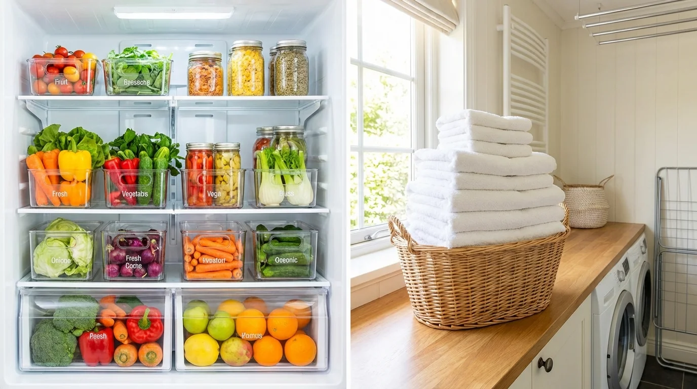 Organized refrigerator and clean laundry as part of a home maintenance routine.