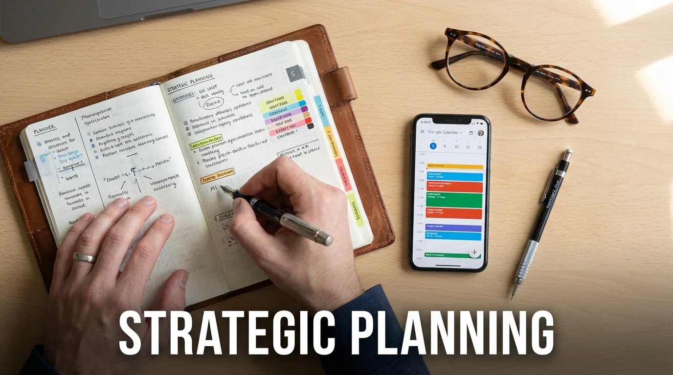 A person synchronizing a digital calendar with a paper planner for weekly scheduling.