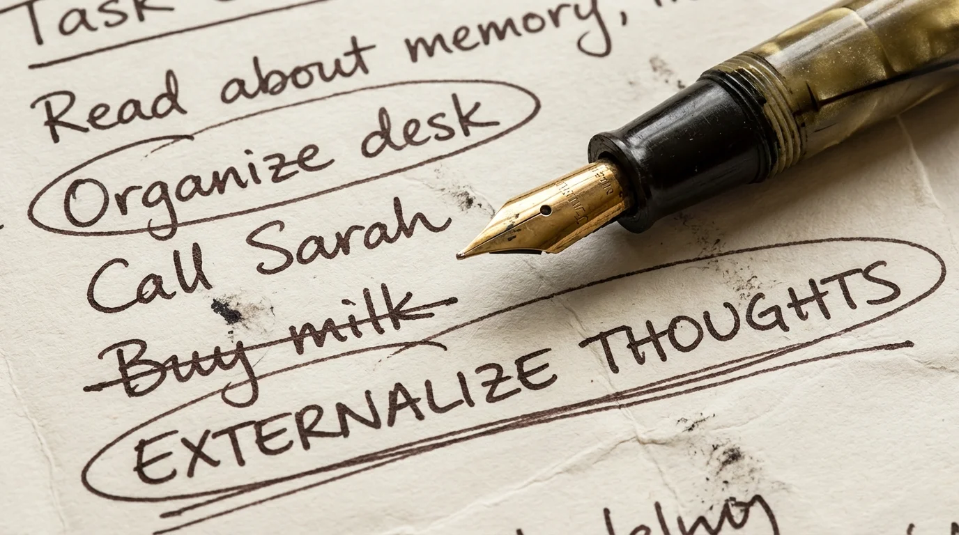 A handwritten brain dump list on a notepad to reduce anxiety and decision fatigue.