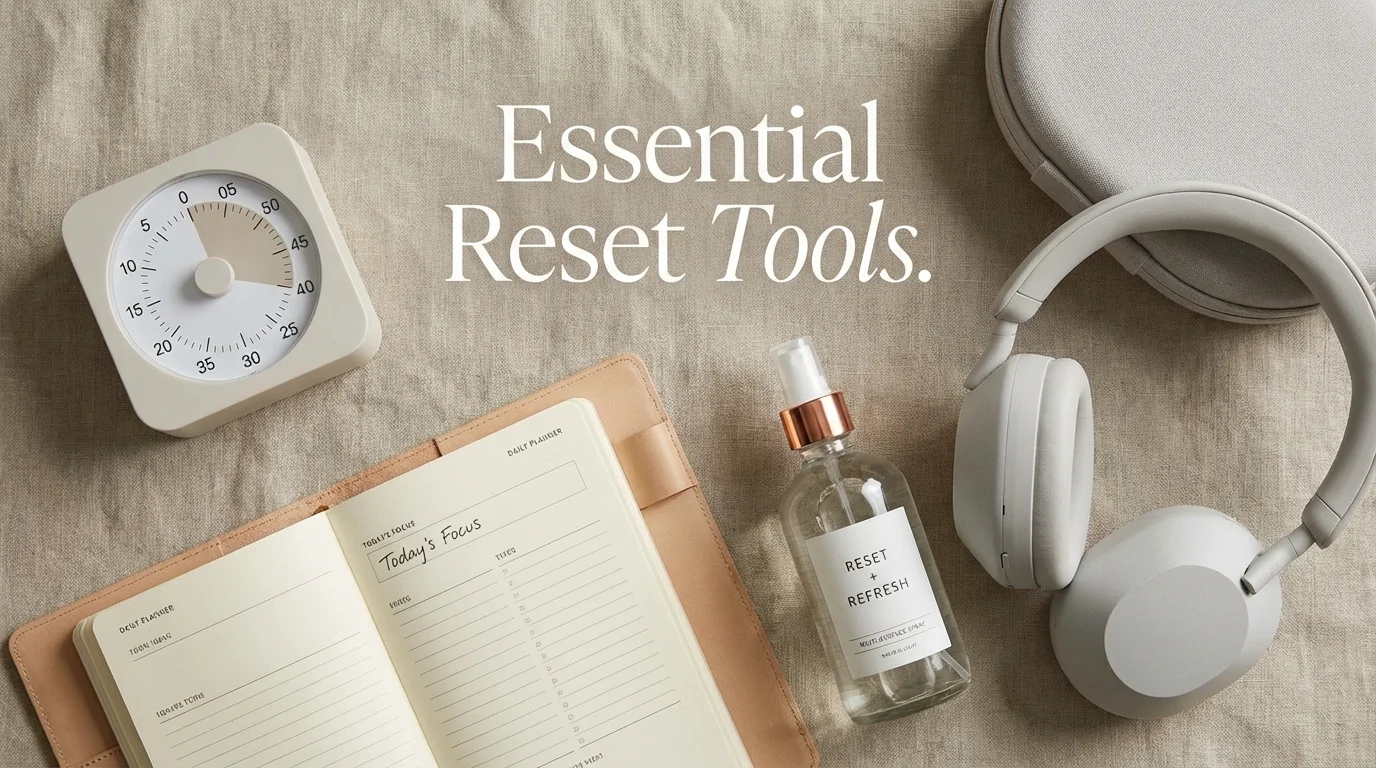 A collection of tools including a timer, planner, and cleaning supplies for a Sunday routine.