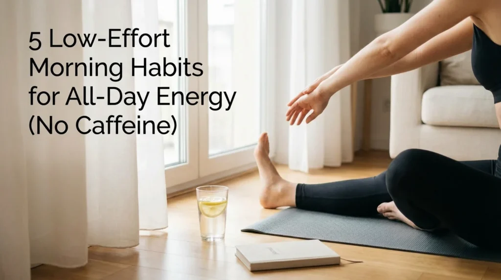 A person stretching in natural morning sunlight to illustrate low-effort habits for sustained all-day energy without caffeine.