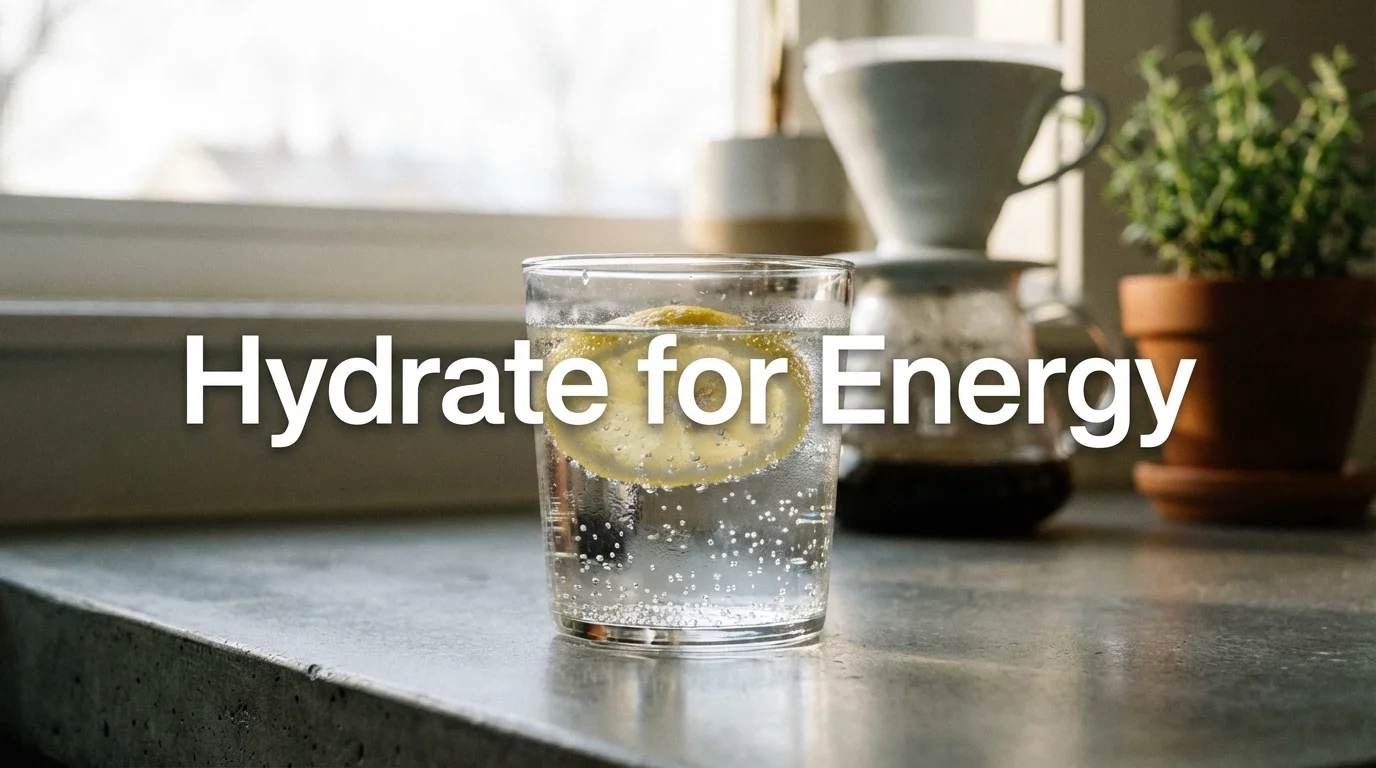 A refreshing glass of lemon water on a kitchen counter symbolizing morning hydration.